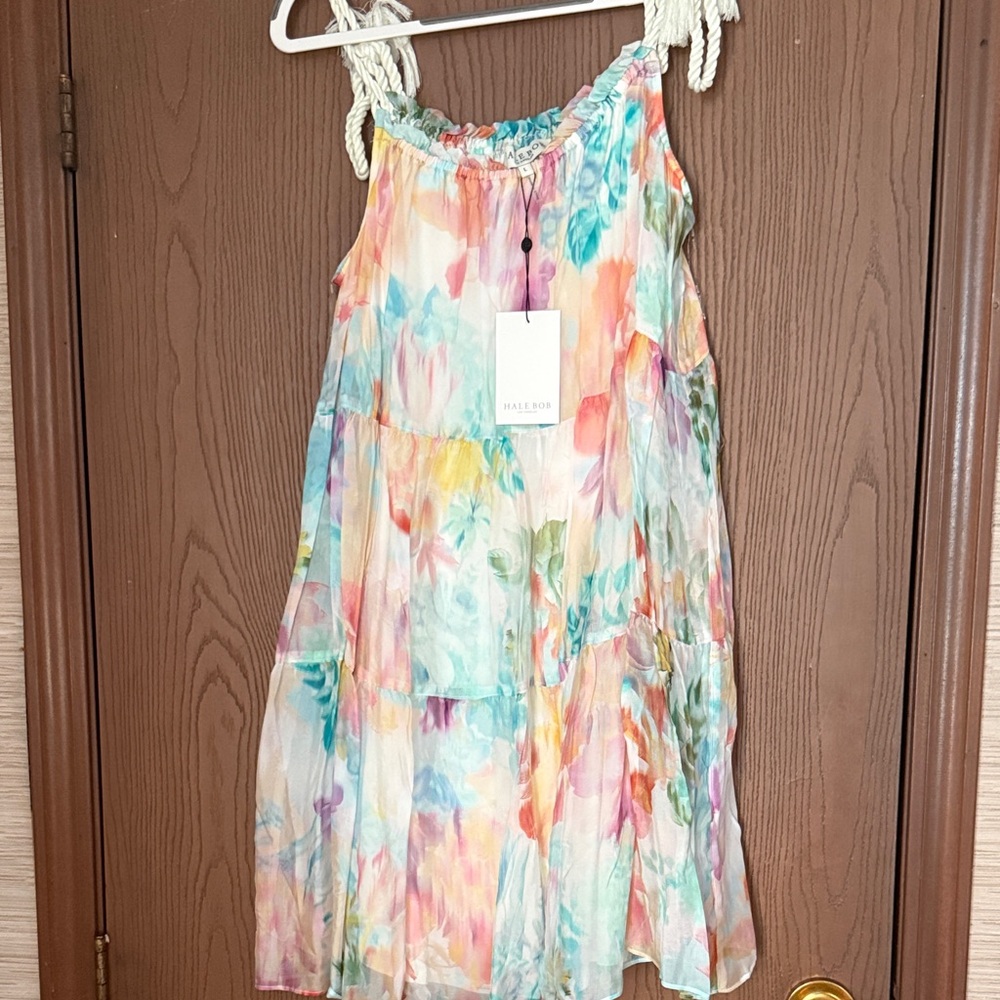 Hale Bob CANARY Pastel Tassel Tie-Shoulder Tiered Mini Dress SILK
